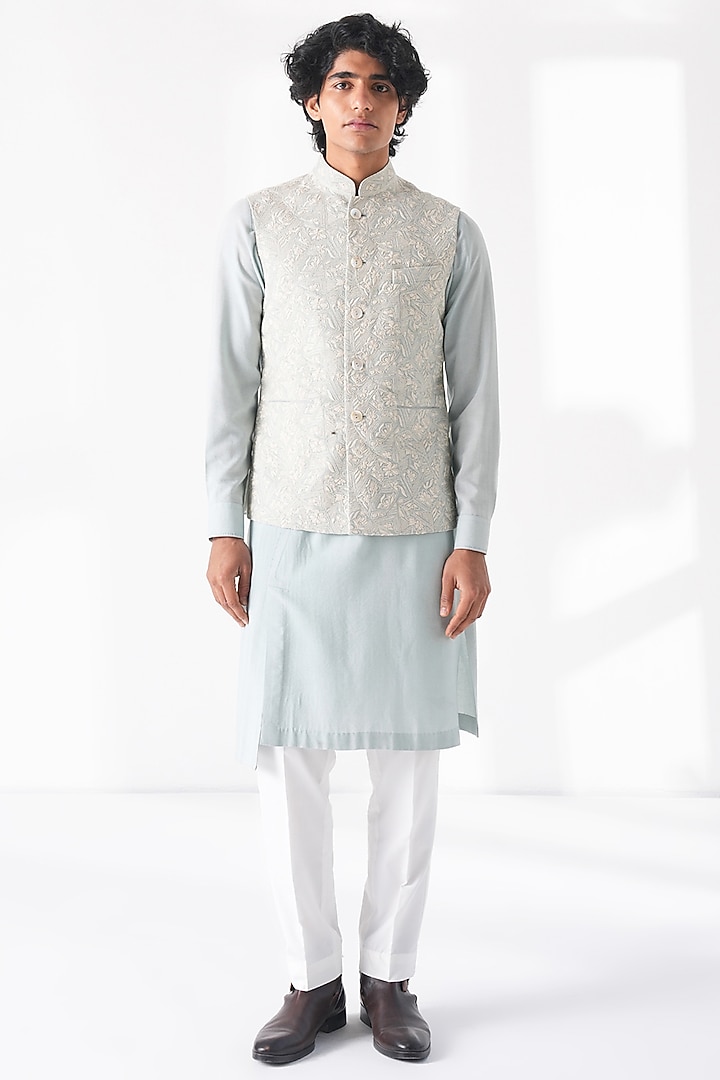 Powder Blue Silk Embroidered Nehru Jacket by Dhruv Vaish at Pernia's Pop Up Shop