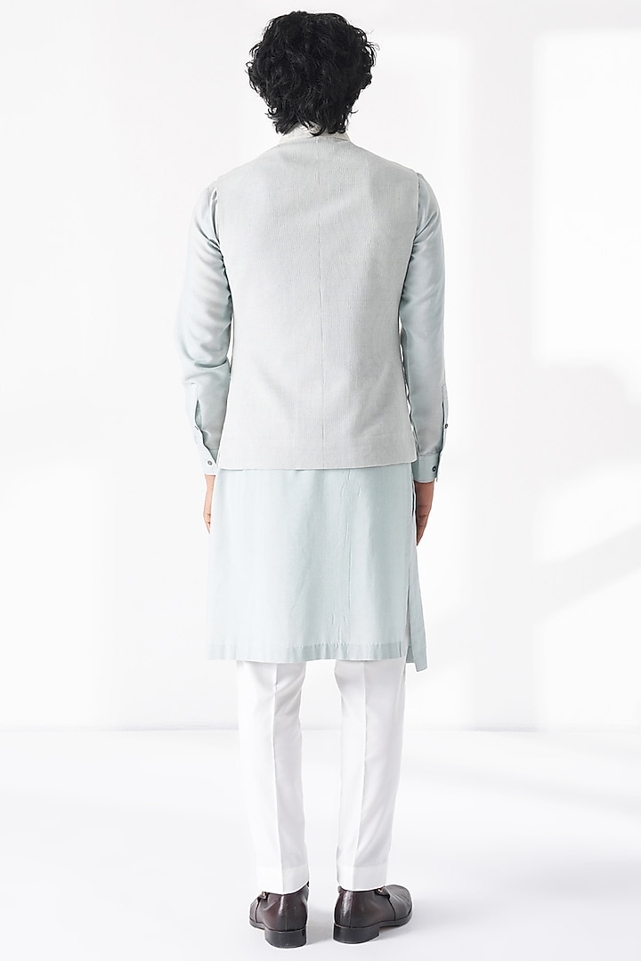 Powder Blue Silk Embroidered Nehru Jacket by Dhruv Vaish at Pernia's Pop Up Shop