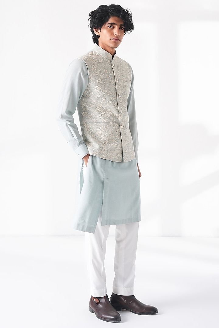 Powder Blue Silk Embroidered Nehru Jacket by Dhruv Vaish at Pernia's Pop Up Shop