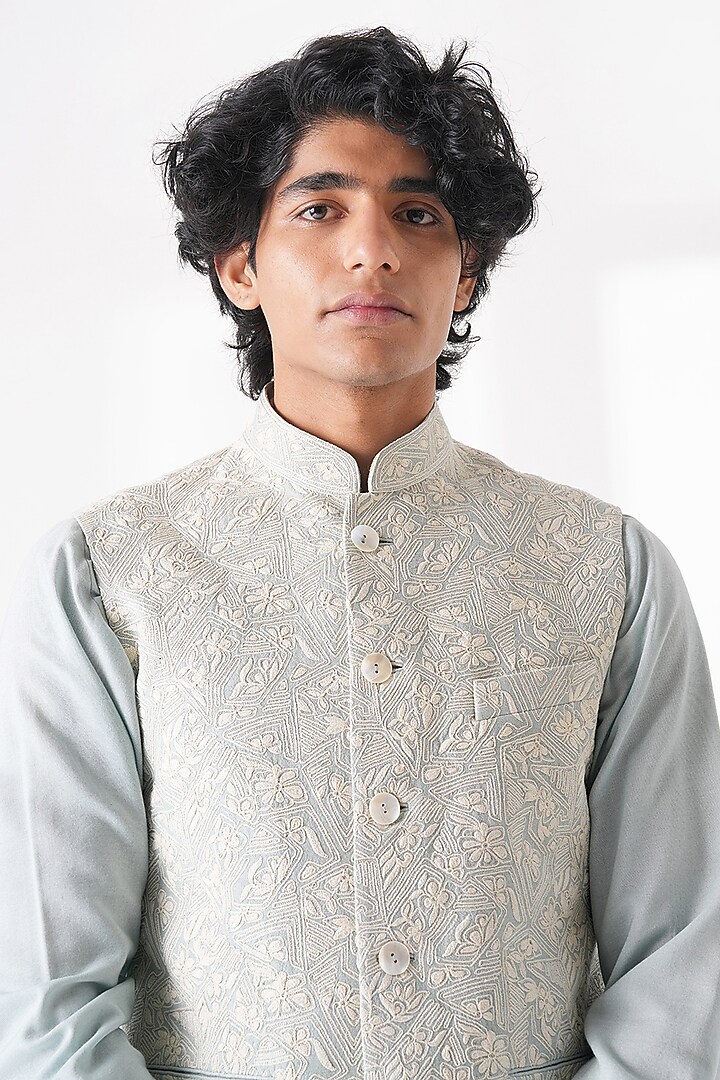 Powder Blue Silk Embroidered Nehru Jacket by Dhruv Vaish at Pernia's Pop Up Shop