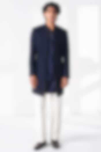 Navy Blue Silk Beadwork Front-Open Groom Sherwani Set by Dhruv Vaish at Pernia's Pop Up Shop