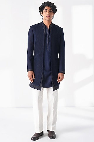Navy Blue Silk Beadwork Front-Open Sherwani Set by Dhruv Vaish