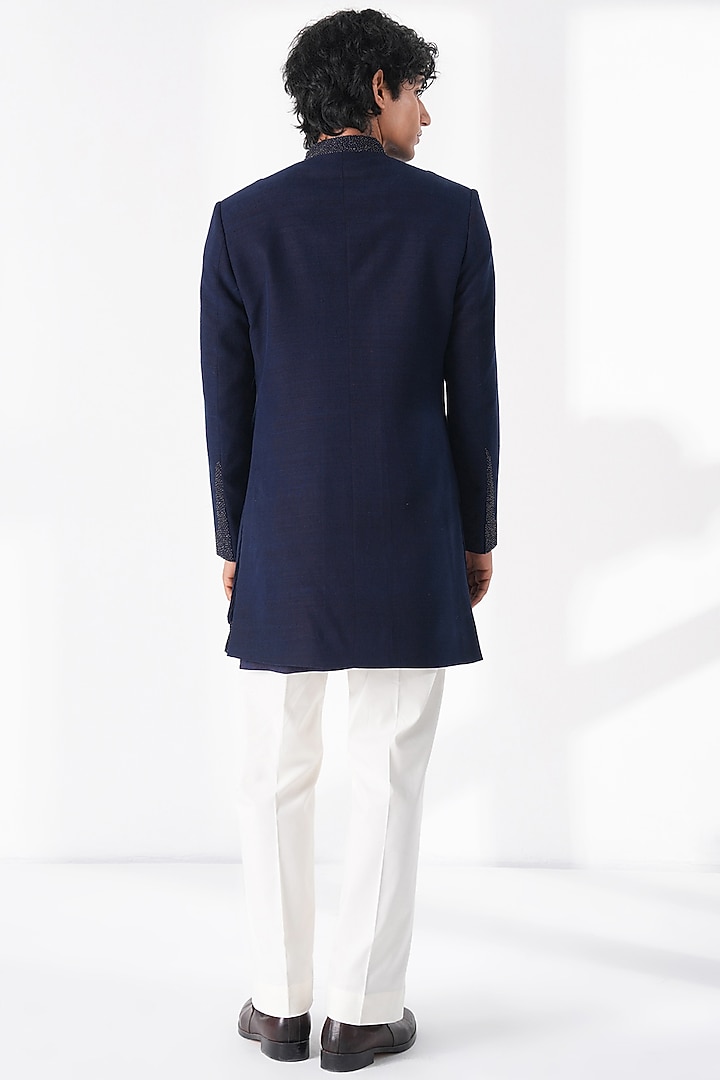 Navy Blue Silk Beadwork Front-Open Groom Sherwani Set by Dhruv Vaish at Pernia's Pop Up Shop