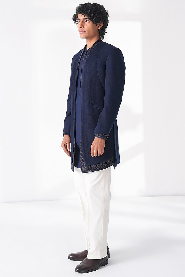 Navy Blue Silk Beadwork Front-Open Groom Sherwani Set by Dhruv Vaish at Pernia's Pop Up Shop