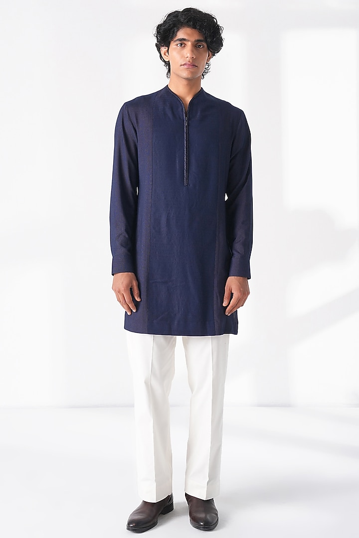 Navy Blue Silk Beadwork Front-Open Groom Sherwani Set by Dhruv Vaish at Pernia's Pop Up Shop