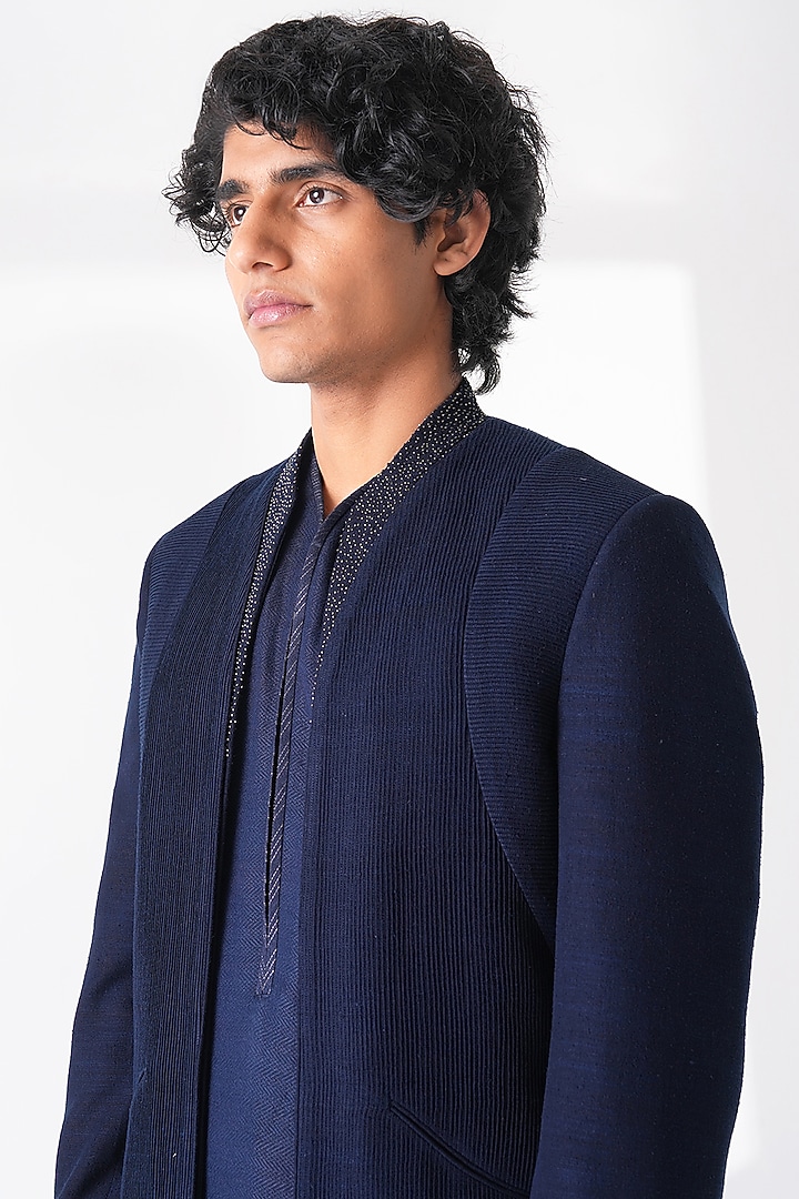 Navy Blue Silk Beadwork Front-Open Groom Sherwani Set by Dhruv Vaish at Pernia's Pop Up Shop
