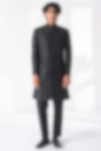 Black Silk Thread Embroidered Groom Sherwani Set by Dhruv Vaish at Pernia's Pop Up Shop