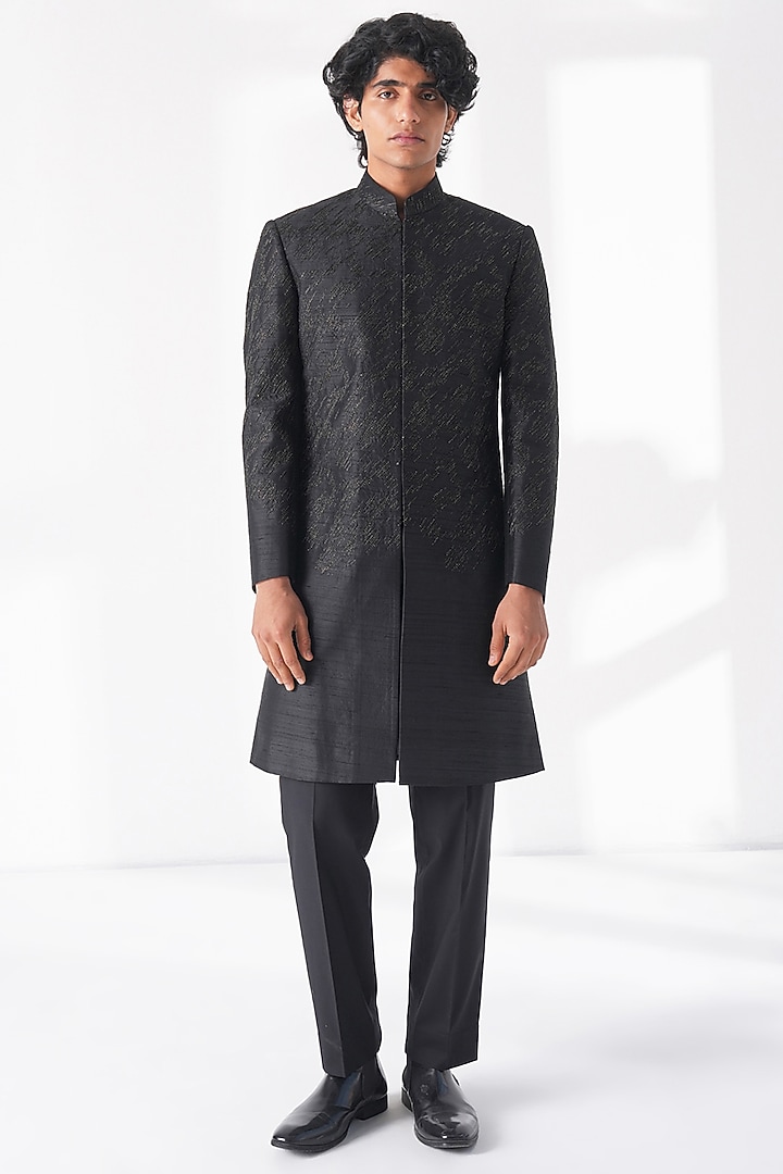 Black Silk Thread Embroidered Groom Sherwani Set by Dhruv Vaish at Pernia's Pop Up Shop