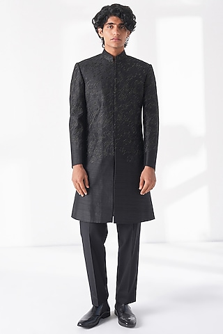 Black Silk Thread Embroidered Sherwani Set by Dhruv Vaish