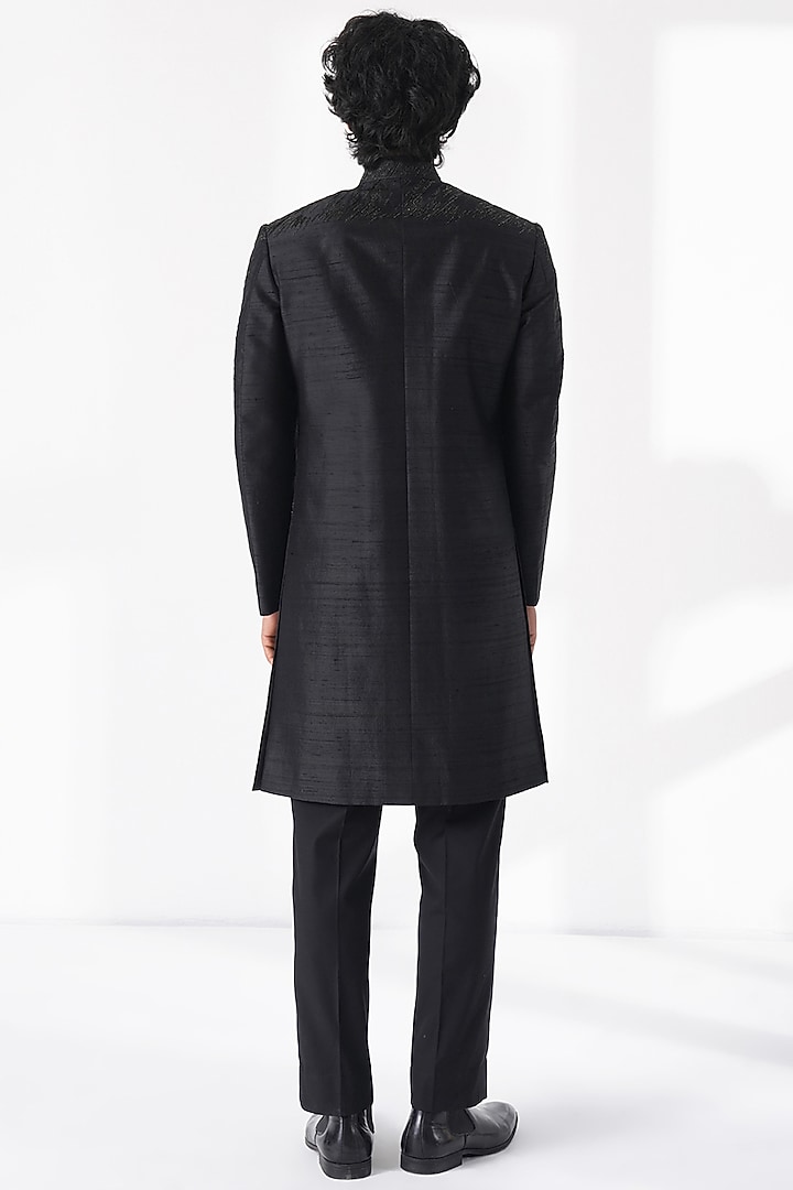 Black Silk Thread Embroidered Groom Sherwani Set by Dhruv Vaish at Pernia's Pop Up Shop