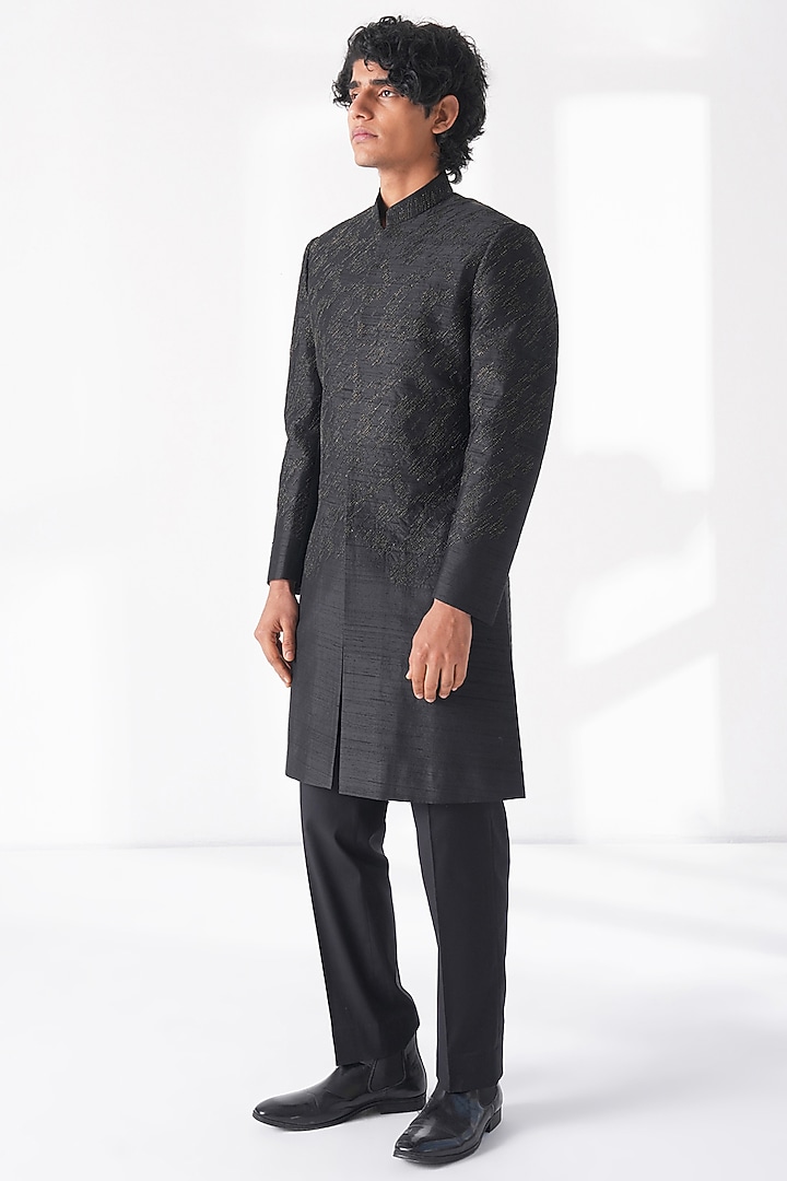 Black Silk Thread Embroidered Groom Sherwani Set by Dhruv Vaish at Pernia's Pop Up Shop