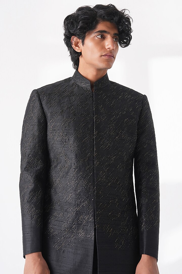 Black Silk Thread Embroidered Groom Sherwani Set by Dhruv Vaish at Pernia's Pop Up Shop