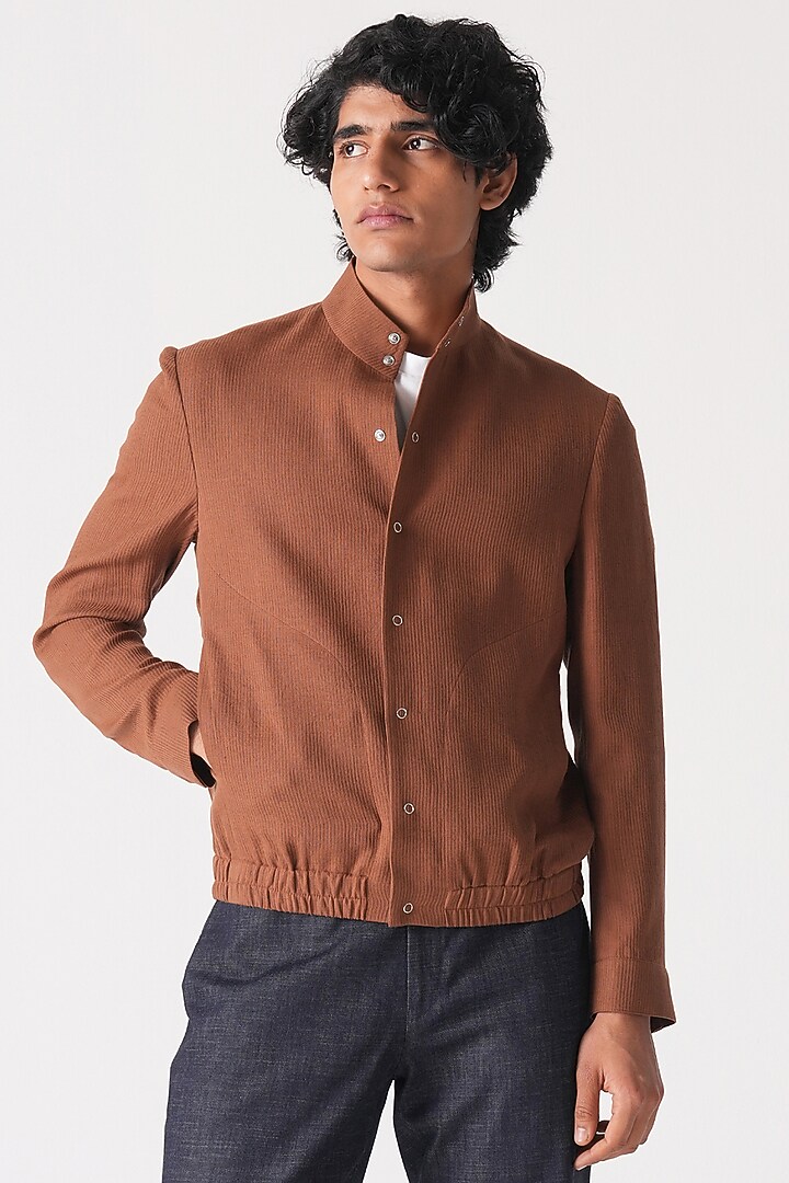 Dark Brown Handloom Cotton Shacket by Dhruv Vaish at Pernia's Pop Up Shop