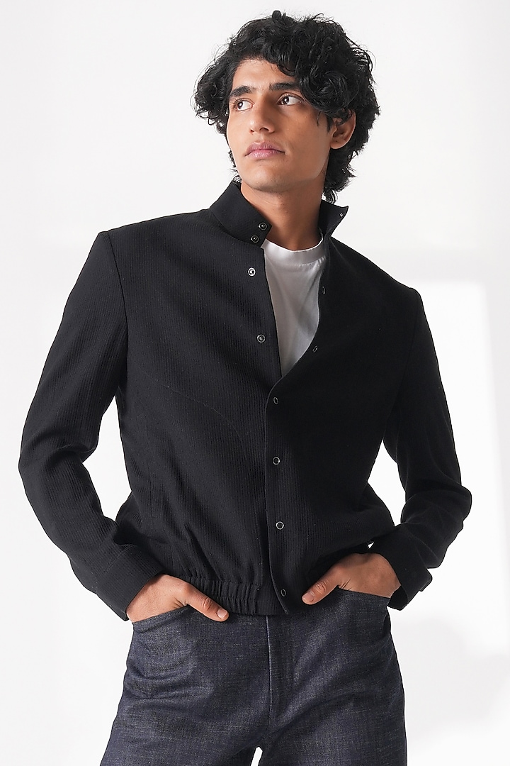 Black Handloom Cotton Shacket by Dhruv Vaish at Pernia's Pop Up Shop