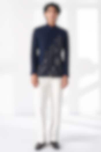 Navy Blue Silk Thread Embroidered Wedding Bandhgala by Dhruv Vaish at Pernia's Pop Up Shop