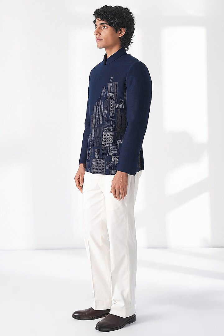 Navy Blue Silk Thread Embroidered Wedding Bandhgala by Dhruv Vaish at Pernia's Pop Up Shop