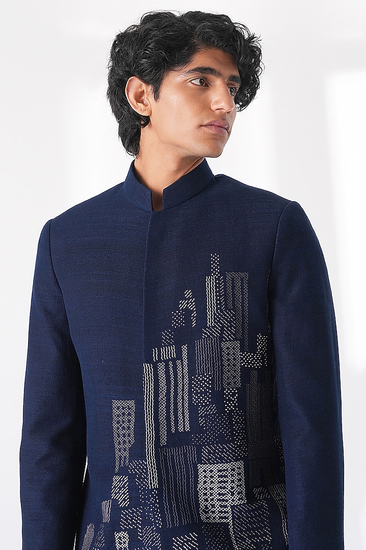 Navy Blue Silk Thread Embroidered Wedding Bandhgala by Dhruv Vaish at Pernia's Pop Up Shop