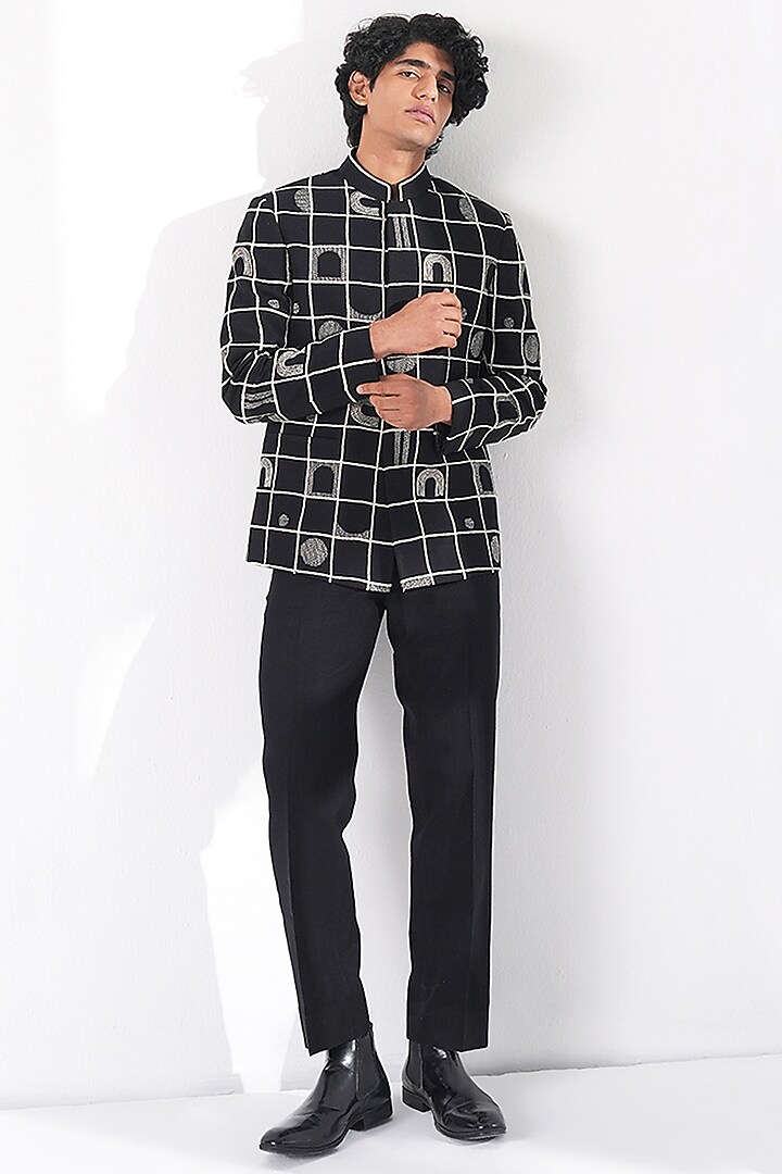 Black Silk Thread Embroidered Wedding Bandhgala  by Dhruv Vaish at Pernia's Pop Up Shop