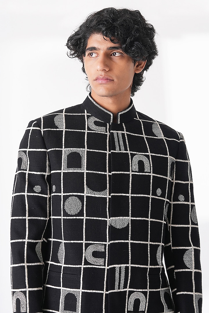 Black Silk Thread Embroidered Wedding Bandhgala  by Dhruv Vaish at Pernia's Pop Up Shop