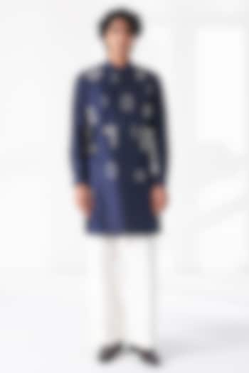 Navy Blue Cotton Silk Chanderi Thread Embroidered Short Kurta by Dhruv Vaish at Pernia's Pop Up Shop