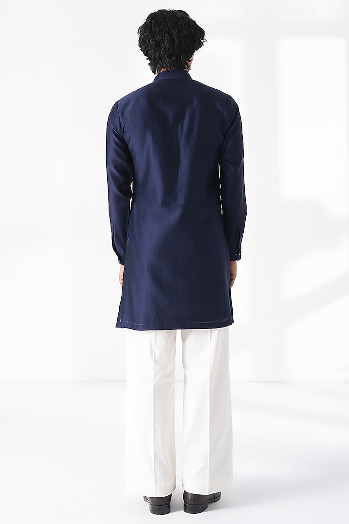 Navy Blue Cotton Silk Chanderi Thread Embroidered Short Kurta by Dhruv Vaish at Pernia's Pop Up Shop