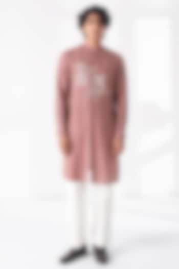 Dusty Rose Matka Silk Embroidered Kurta Set by Dhruv Vaish at Pernia's Pop Up Shop