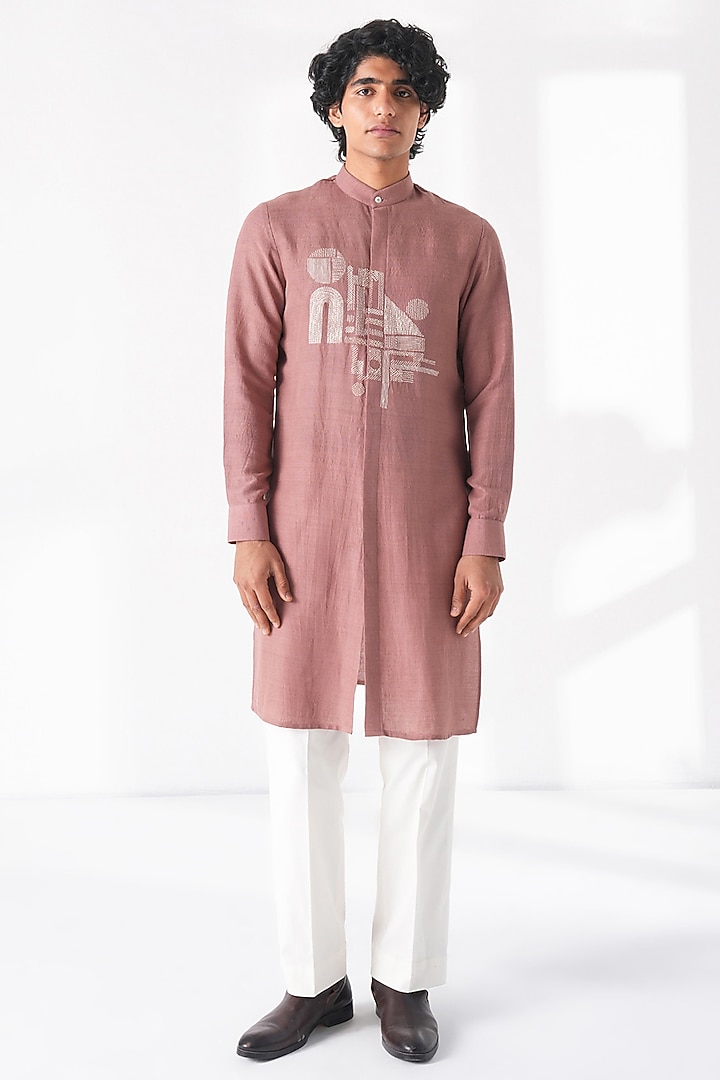 Dusty Rose Matka Silk Embroidered Kurta Set by Dhruv Vaish at Pernia's Pop Up Shop