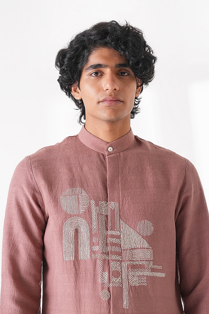 Dusty Rose Matka Silk Embroidered Kurta Set by Dhruv Vaish at Pernia's Pop Up Shop