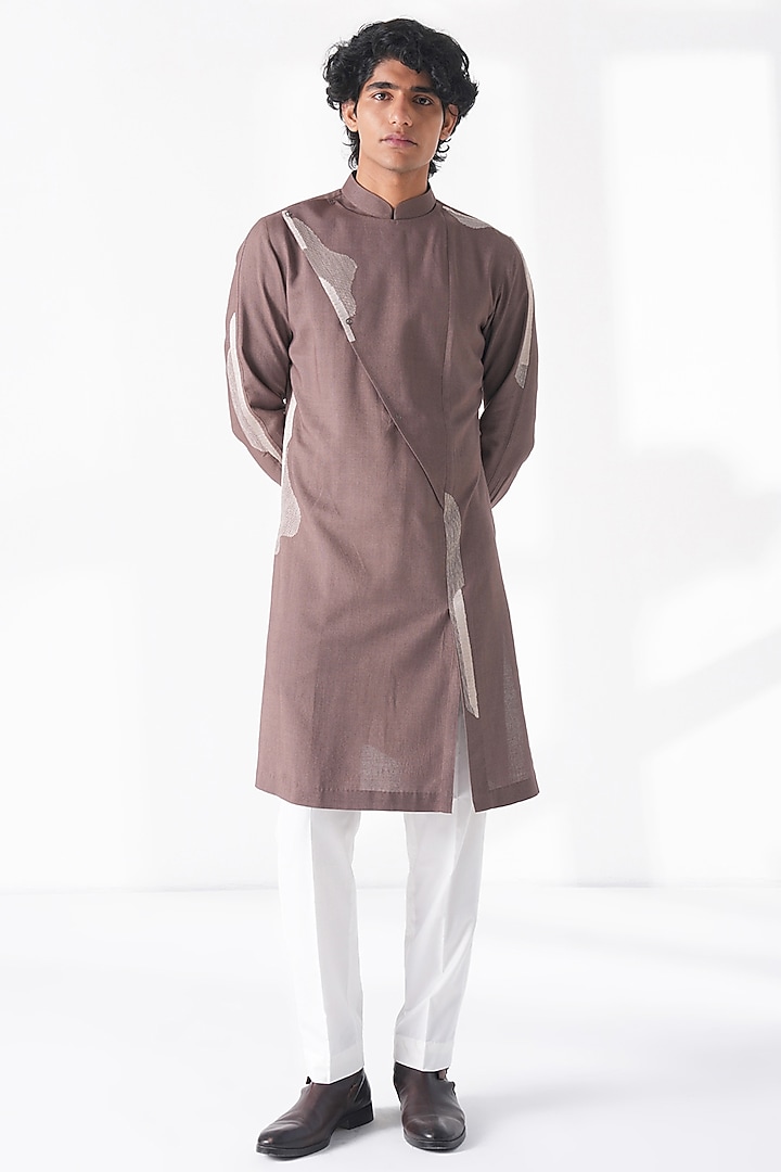 Bean Brown Cotton Silk Embroidered Kurta Set by Dhruv Vaish at Pernia's Pop Up Shop