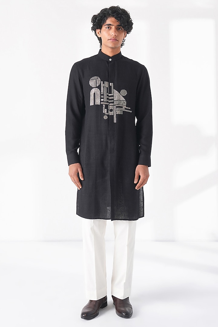 Black Matka Silk Embroidered Kurta Set by Dhruv Vaish at Pernia's Pop Up Shop