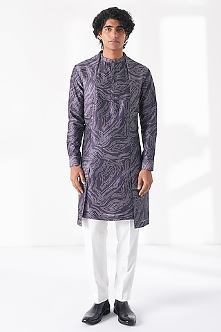 Dark Purple Cotton Silk Chanderi Printed Kurta Set by Dhruv Vaish