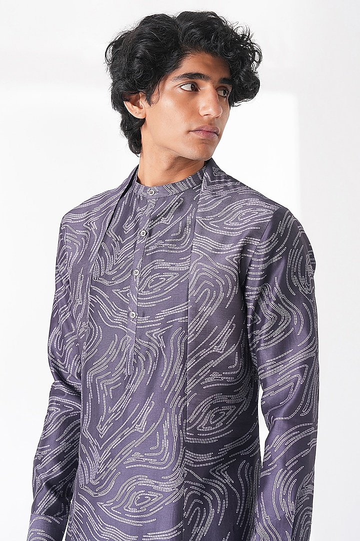 Dark Purple Cotton Silk Chanderi Printed Kurta Set by Dhruv Vaish at Pernia's Pop Up Shop