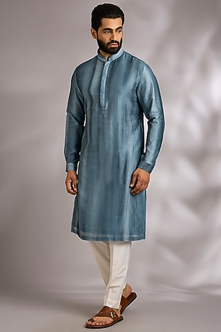 Storm Blue Silk Kurta Set by Dhruv Vaish