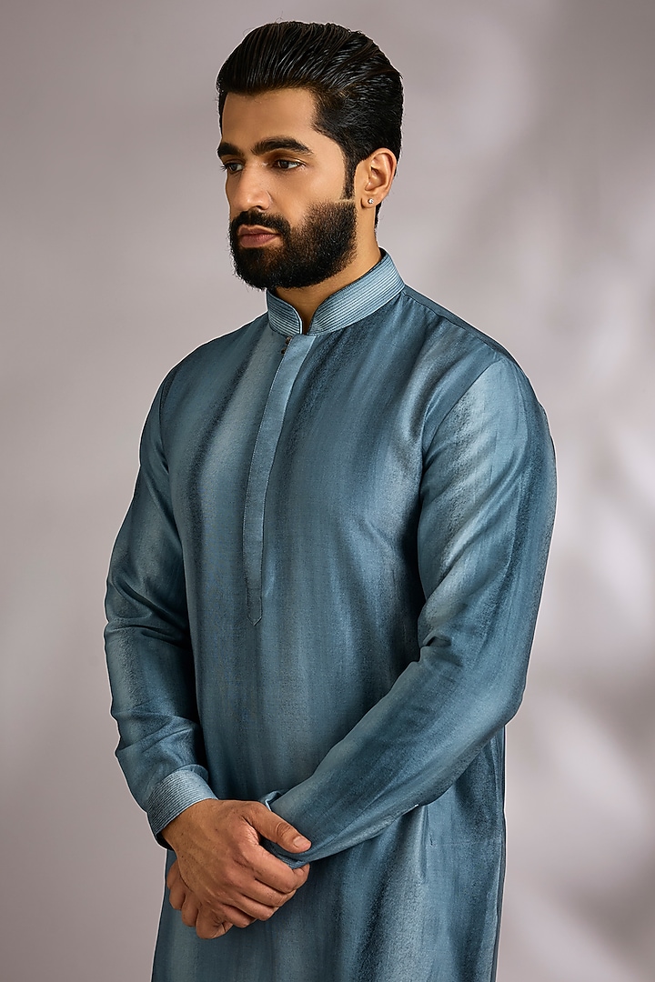 Storm Blue Silk Kurta Set by Dhruv Vaish at Pernia's Pop Up Shop