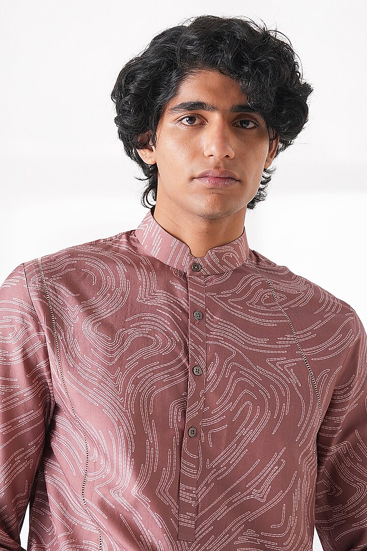 Dusty Rose Spun Silk Graphic Printed Short Kurta by Dhruv Vaish at Pernia's Pop Up Shop