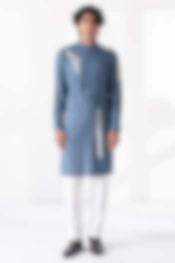 Storm Blue Cotton Silk Embroidered Kurta Set by Dhruv Vaish at Pernia's Pop Up Shop