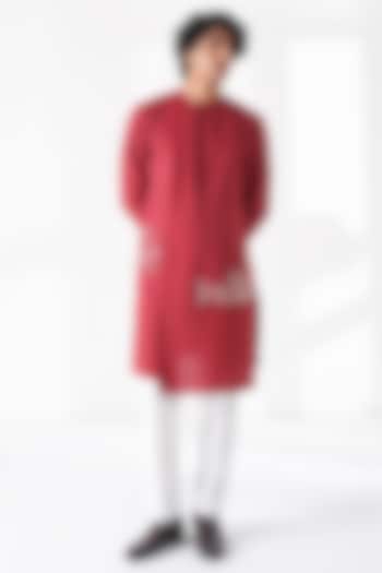 Earthy Red Thread Embroidered Cotton Silk Kurta Set by Dhruv Vaish at Pernia's Pop Up Shop