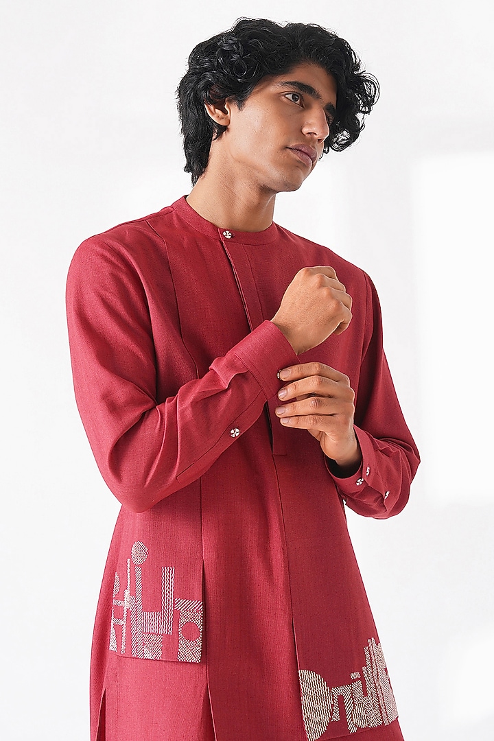Earthy Red Thread Embroidered Cotton Silk Kurta Set by Dhruv Vaish at Pernia's Pop Up Shop