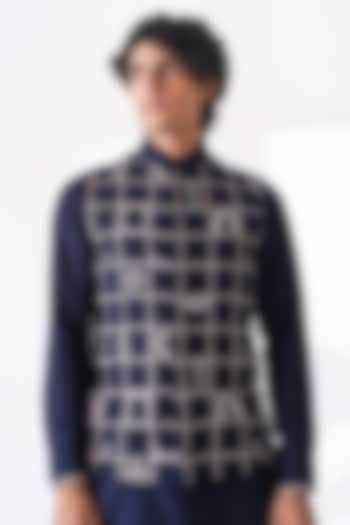 Navy Blue Silk Thread Embroidered Nehru Jacket by Dhruv Vaish at Pernia's Pop Up Shop