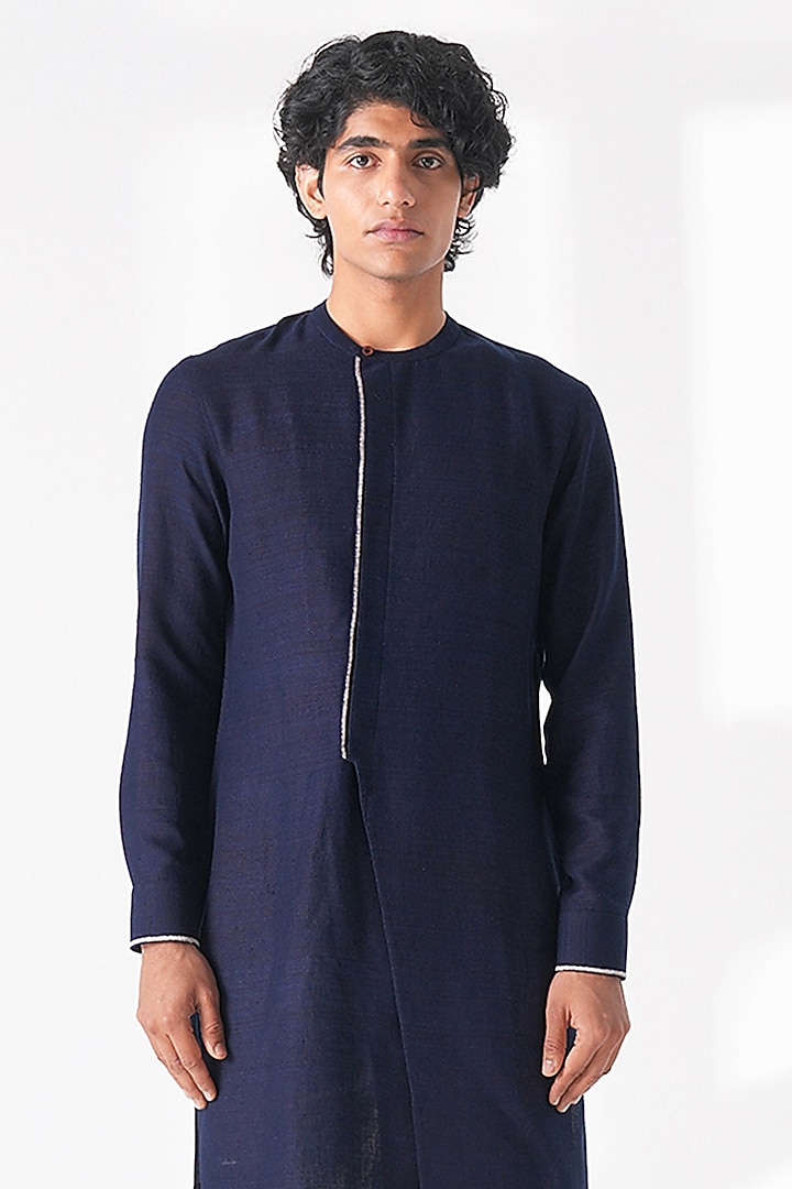 Navy Blue Matka Silk Thread Embroidered Kurta by Dhruv Vaish at Pernia's Pop Up Shop