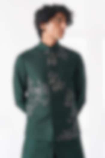Bottle Green Silk Hand Embroidered Nehru Jacket by Dhruv Vaish at Pernia's Pop Up Shop