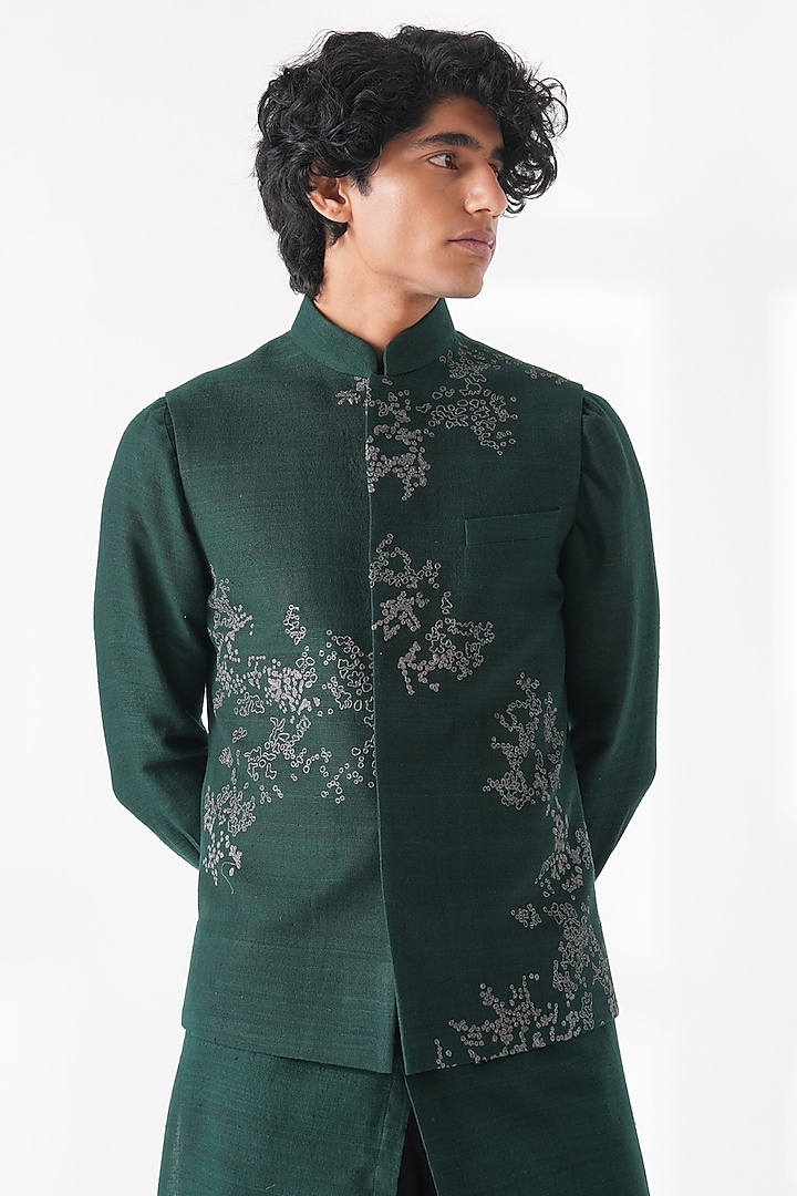 Bottle Green Silk Hand Embroidered Nehru Jacket by Dhruv Vaish at Pernia's Pop Up Shop