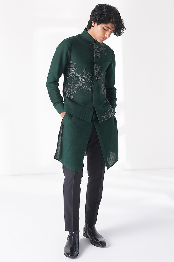 Bottle Green Silk Hand Embroidered Nehru Jacket by Dhruv Vaish at Pernia's Pop Up Shop