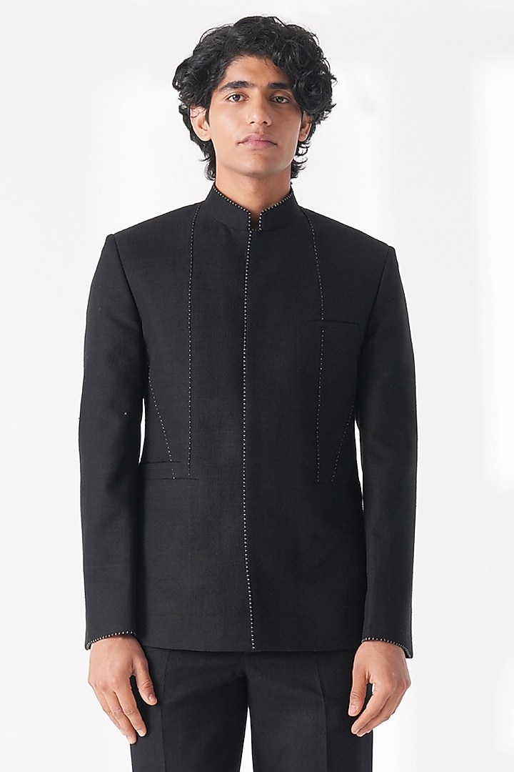 Black Silk Wedding Bandhgala by Dhruv Vaish at Pernia's Pop Up Shop