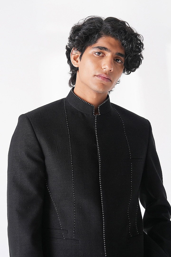 Black Silk Wedding Bandhgala by Dhruv Vaish at Pernia's Pop Up Shop
