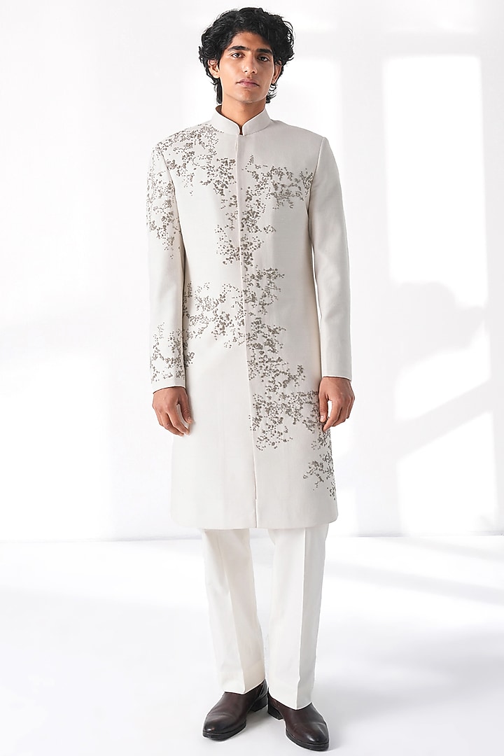 Ivory Silk Hand Embroidered Groom Sherwani Set by Dhruv Vaish at Pernia's Pop Up Shop