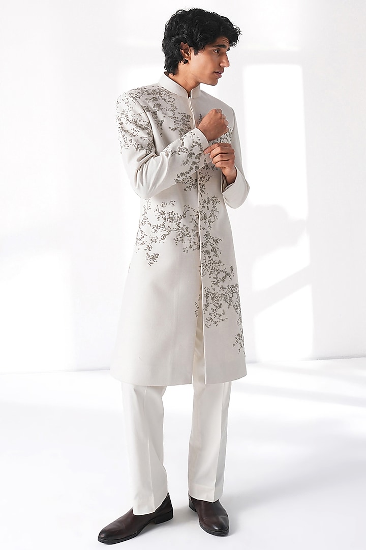 Ivory Silk Hand Embroidered Groom Sherwani Set by Dhruv Vaish at Pernia's Pop Up Shop