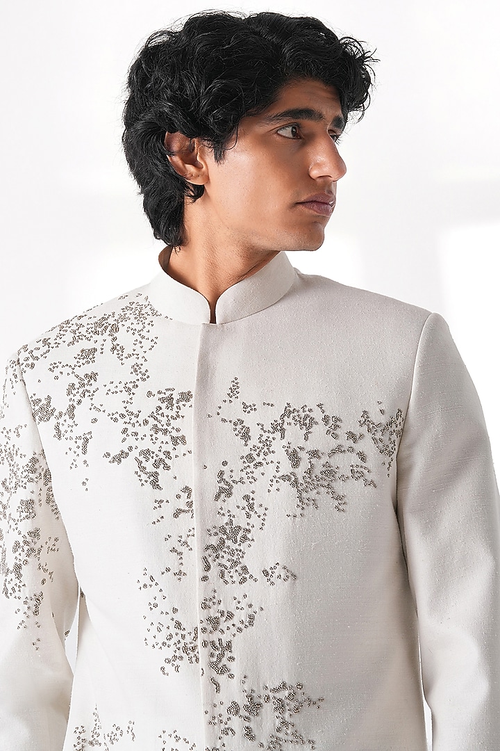 Ivory Silk Hand Embroidered Groom Sherwani Set by Dhruv Vaish at Pernia's Pop Up Shop