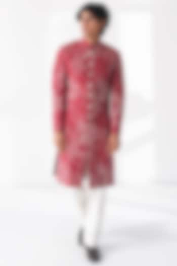 Earthy Red Silk Hand Embroidered Groom Sherwani Set by Dhruv Vaish at Pernia's Pop Up Shop