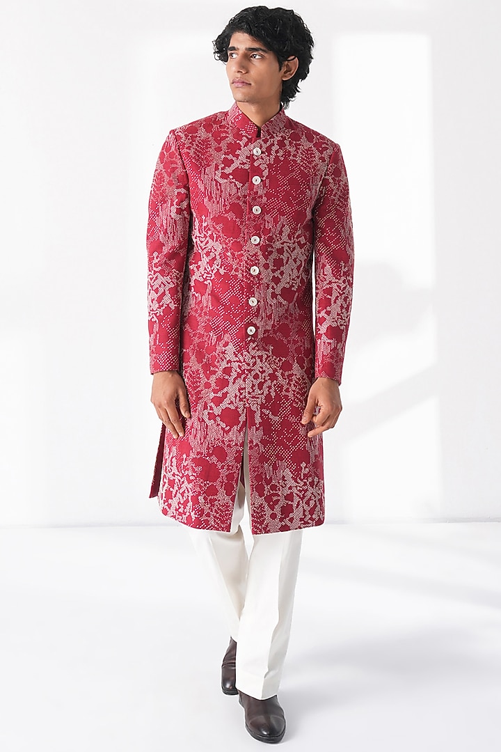 Earthy Red Silk Hand Embroidered Groom Sherwani Set by Dhruv Vaish at Pernia's Pop Up Shop